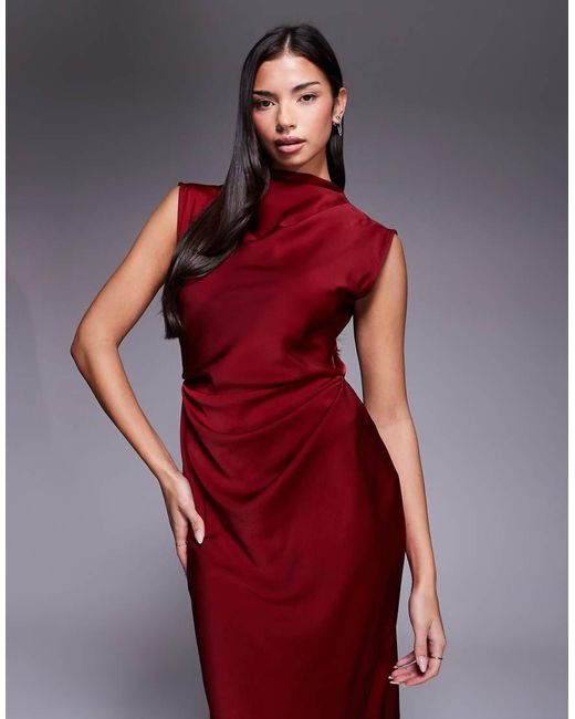 ASOS Purple Satin High Neck Pleated Bodice Midi Dress