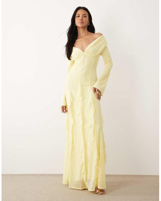 ASOS Natural Stretch Chiffon Off Shoulder Long Sleeve Maxi Dress With Godets