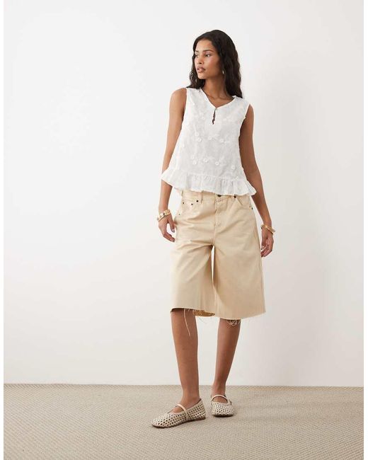 Vila White Floral Applique Cotton Top With Frill Trim