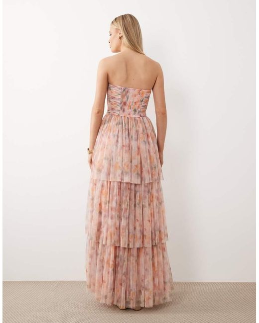 LACE & BEADS Pink Bandeau Ruched Tiered Tulle Maxi Dress