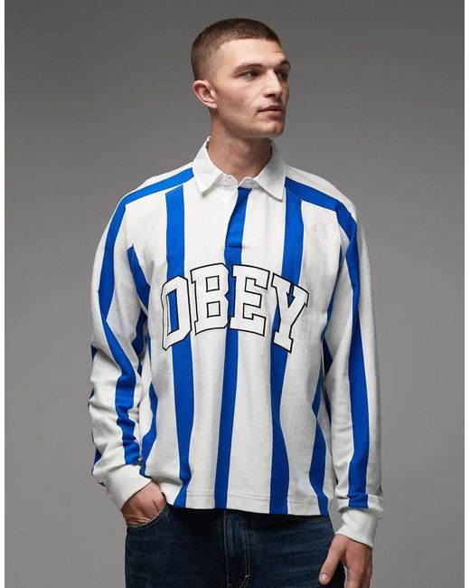 Obey Blue Landon Stripe Football Polo Shirt for men