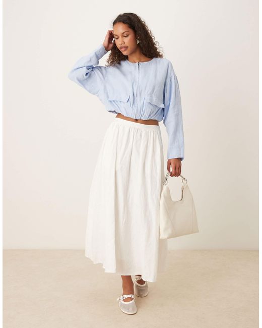 Mango White Linen Cropped Utility Jacket