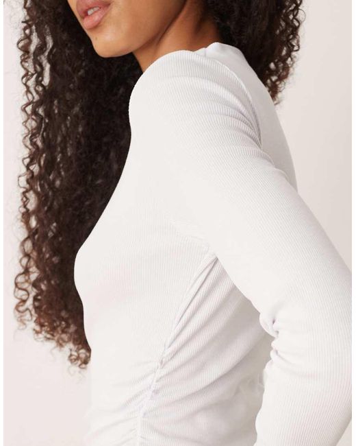 ASOS White Long Sleeve Ribbed Top With Ruched Detail