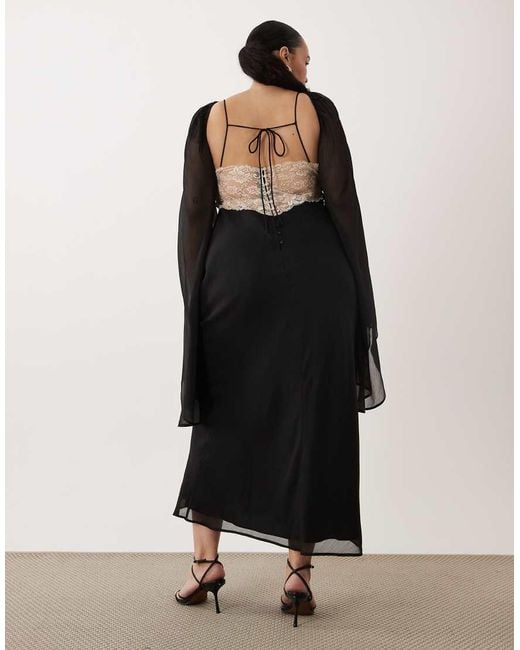 ASOS Black Asos Design Curve Lace Applique Chiffon Mix Draped Sleeve Midi Dress