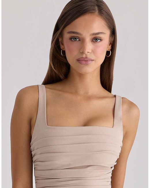 House Of Cb White Calandra Taupe Stretch Crepe Ruched Maxi Dress