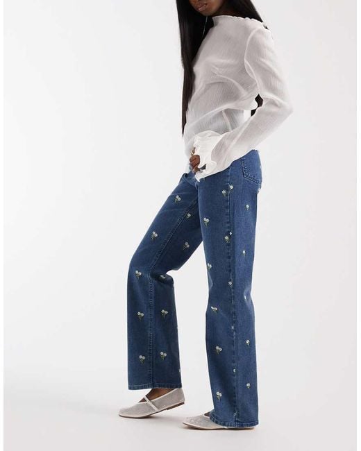 Pieces Blue Floral Embroidered Straight Leg Jeans