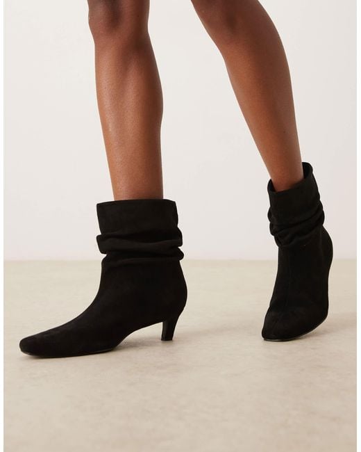 Glamorous Black Kitten Heel Ruched Mid Ankle Boots