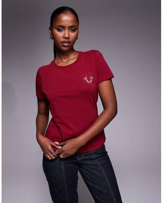 True Religion Red Crystal Logo Crewneck T-Shirt With Back Print