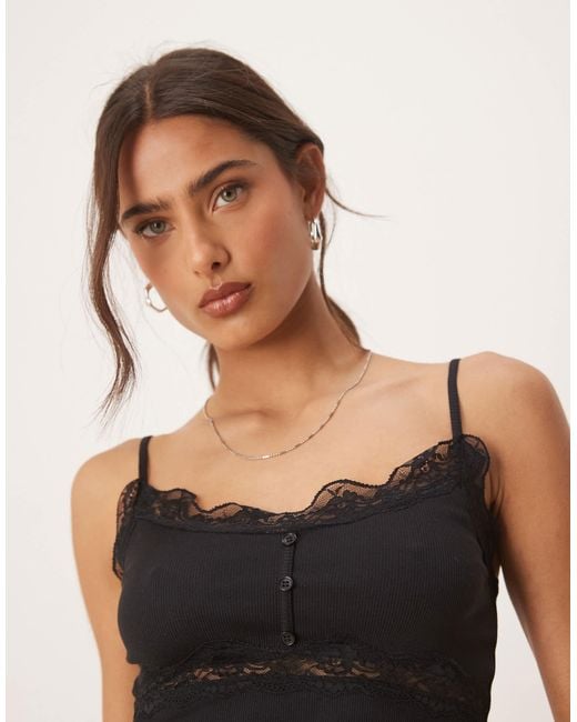 ASOS Black Ribbed Cami Top With Lace And Button Detail