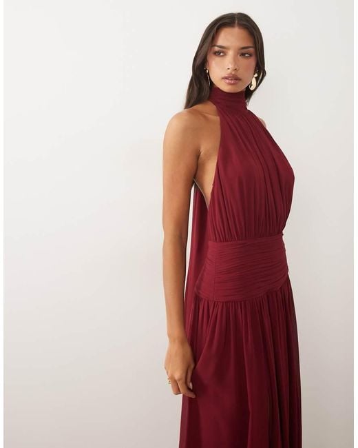 Forever New Red Chiffon Blouson Halter Neck Maxi Dress
