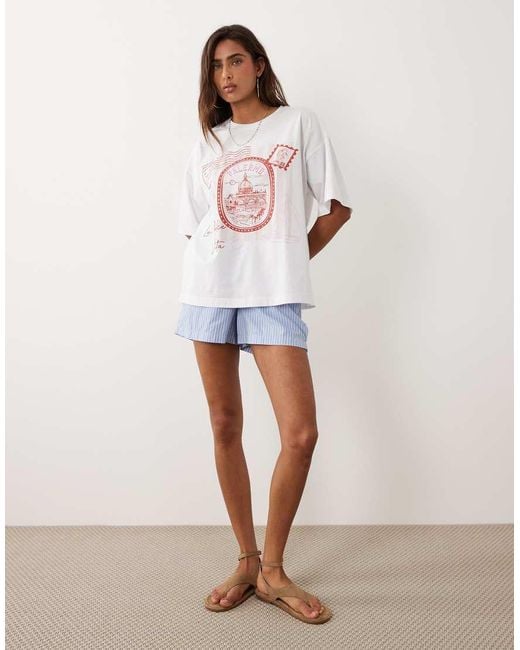 The Frolic White Exclusive 'palermo' Postcard Graphic Front Oversized T-shirt