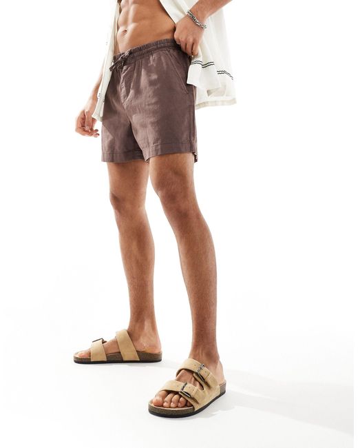 ASOS Brown Wide Shorter Length Linen Shorts With Elasticated Waist for men