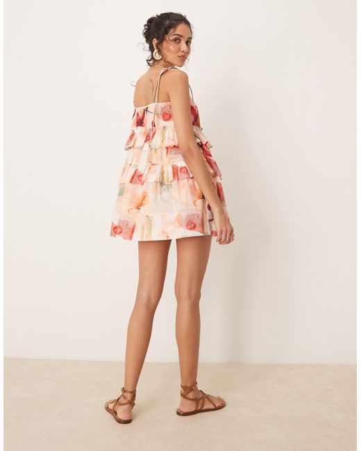 ASOS Pink – gestuftes minikleid mit vintage-blumenmuster und rüschen