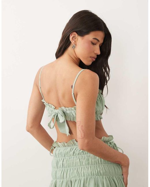 Wanderdoll Green Soulie Linen Look Ruched Tie Back Bralette Crop Top Co-ord
