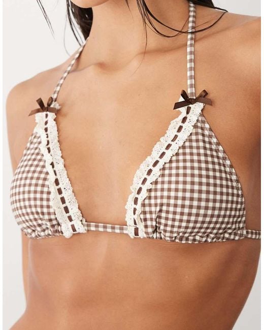 The Frolic Brown Exclusive Lace Trim Bow Detail Triangle Bikini Top