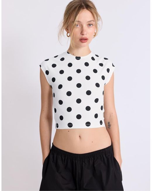 Stradivarius White Cap Sleeve Polka Dot T-shirt