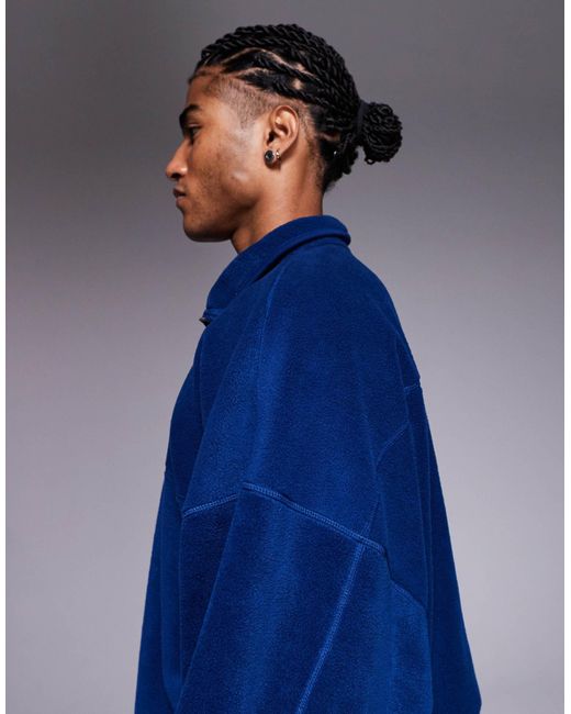 ASOS Blue Extreme Oversized Quarter Zip Funnel Neck Fleece Sweatshirt for men