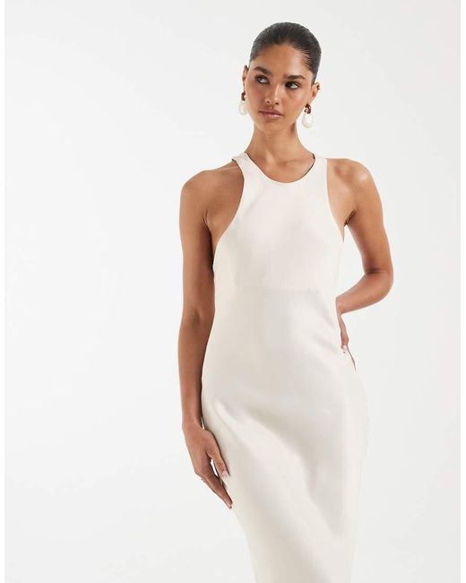 ASOS Natural Satin Racer Neck Maxi Dress With Slit