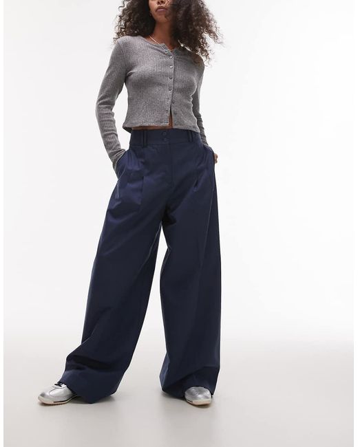 & Other Stories Blue Relaxed Wide Leg Tailored Trousers With Pleat Front