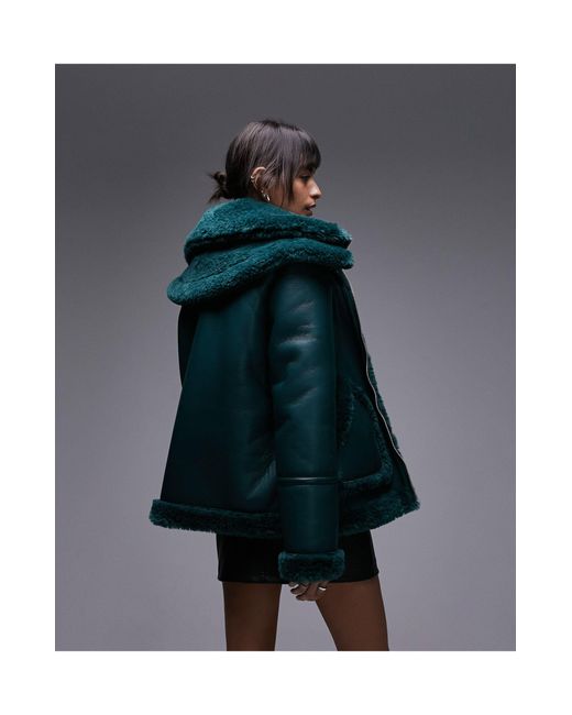 TOPSHOP Black Faux Leather Shearling Oversized Aviator Jacket With Double Collar Detail
