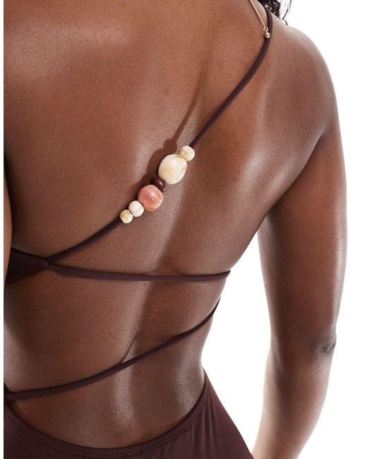 Mango Brown One Shoulder Bead Detail Swimsuit