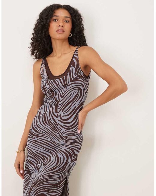 Vestito Sottoveste Midi A Doppio Strato Blu Pallido E Color Cioccolato Con Stampa Zebrata E Scollo Rotondo di ASOS in Natural