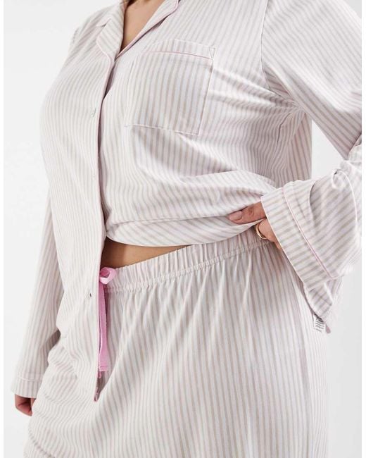 Loungeable White Curve Super Soft Jersey Camp Collar Top And Pants Pajama Set