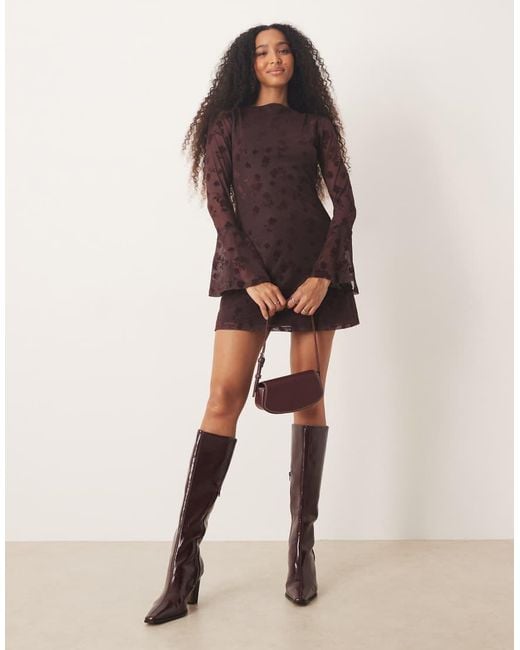 ASOS Brown Flocked Floral Mini Dress With Flute Sleeve