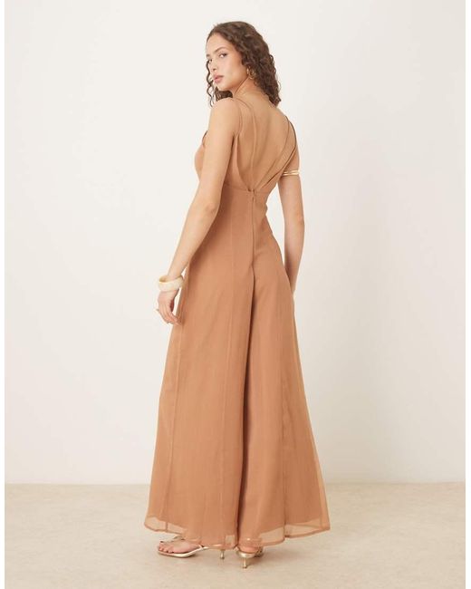 ASOS Brown V Neck Sheer Panel Chiffon Jumpsuit