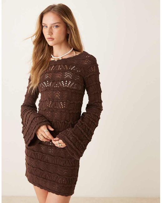 ASOS Brown Knitted Open Stitch Mini Dress With Flared Sleeve
