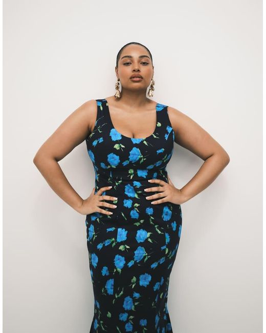 ASOS Blue Asos Design Curve Scoop Neck Fishtail Godet Midi Sundress
