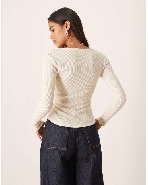 ASOS White Supersoft Asymmetric Neck Waist Detail Long Sleeve Top