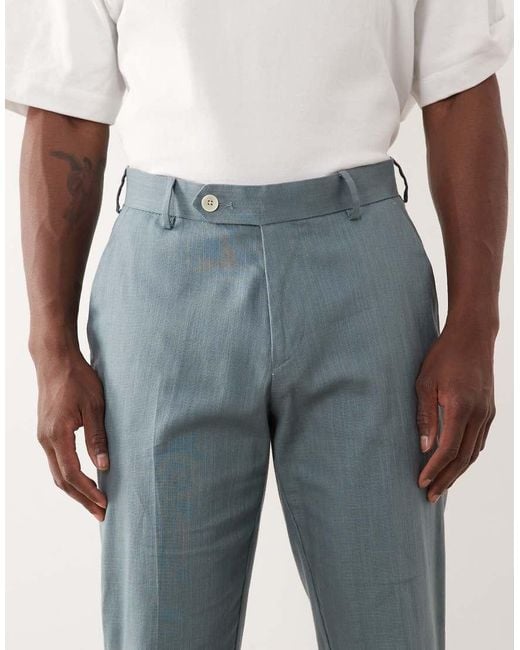 ASOS Blue 100% Cotton Linen Look Slim Suit Pants for men