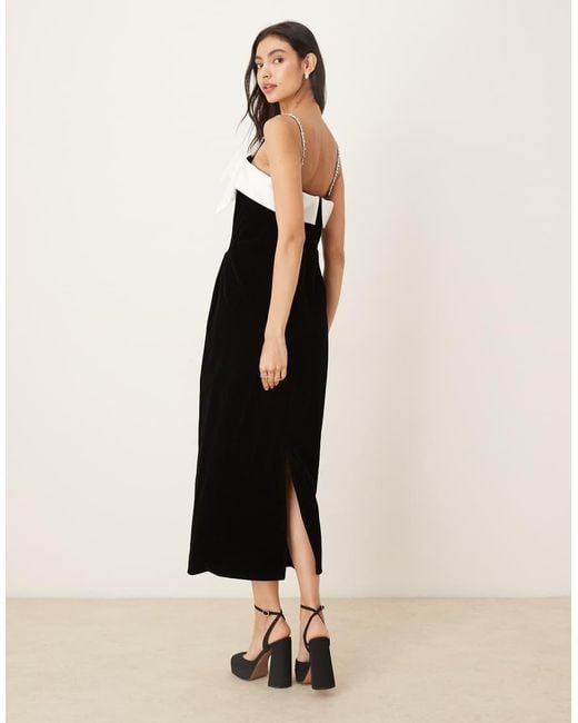 Sister Jane Black Kelly Velvet Contrast Bow Detachable Embellished Strap Midi Dress
