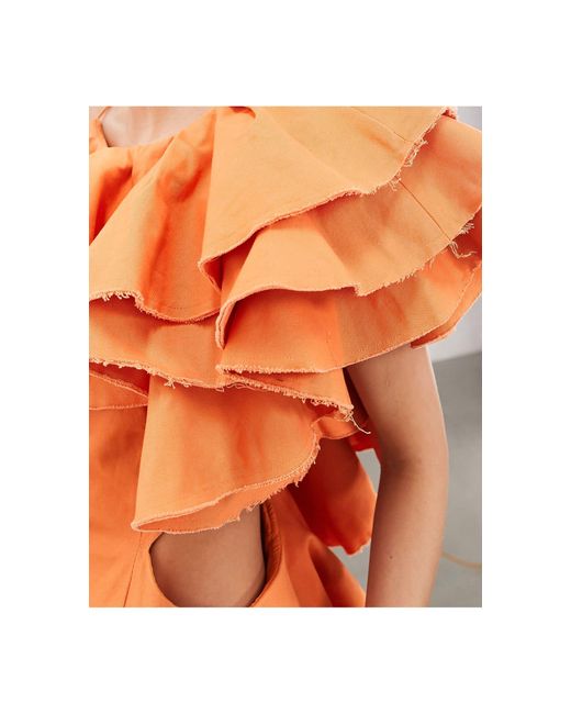 ASOS Orange Premium Raw Edge One Shoulder Ruffle Maxi Dress