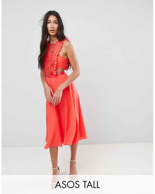 ASOS Red Lace Pinafore Pleated Midi Dress