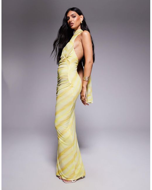 Robe longue dos nu avec buste torsadé et encolure nouée derrière la nuque à rayures floues ASOS en coloris Multicolor