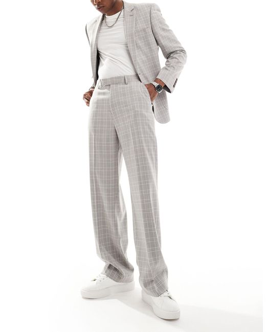 Pantaloni da abito a fondo ampio a quadri tono su tono grigi di ASOS in White da Uomo