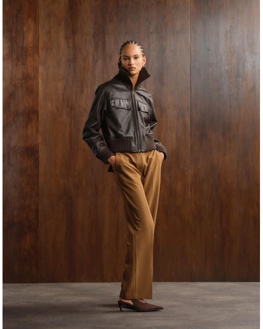 ASOS Brown Tailored Mid-rise Relaxed Pants With Belt And Split Hem