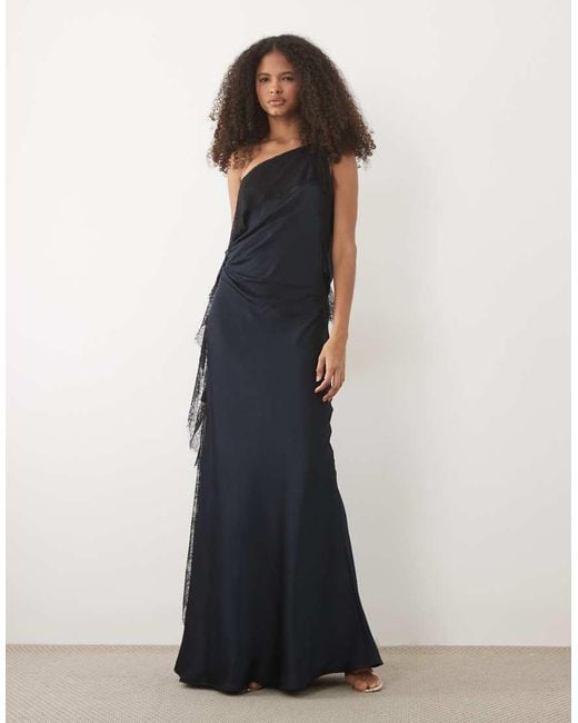 Forever New Blue Satin Lace Detail One Shoulder Bias Maxi Dress