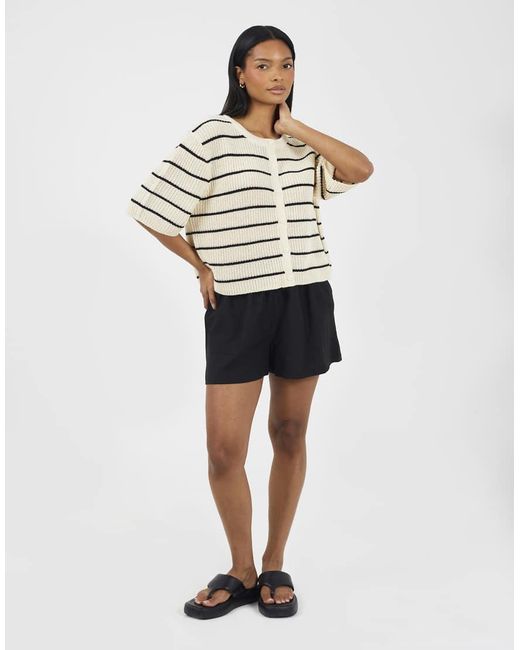 Brave Soul Natural Striped Short Sleeve Fisherman Knit Cardigan