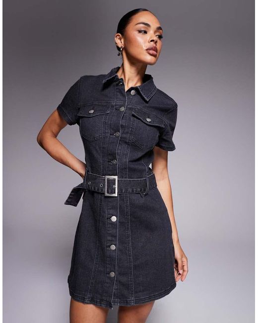 Liquor N Poker Blue Short Sleeve Denim Button Through 60's Style Mni Dress With Chunky Belt