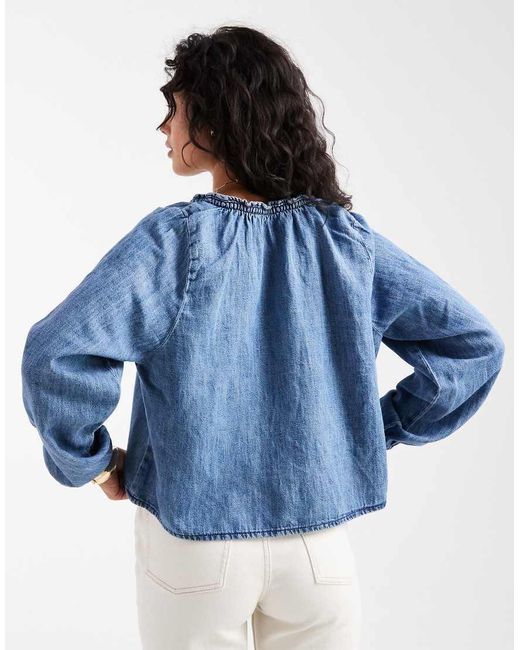 ASOS Blue Denim Balloon Sleeve Blouse With Linen