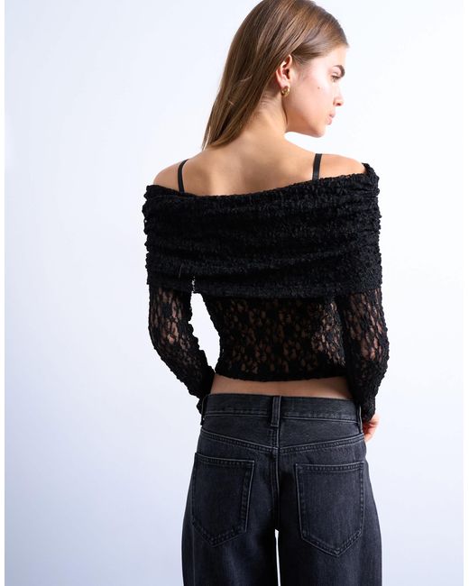 Top en dentelle à manches longues et encolure bardot rabattue TOPSHOP en coloris Black