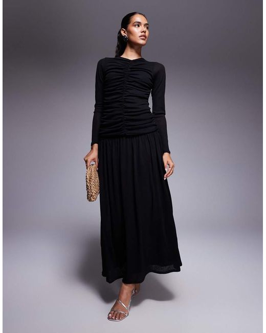 ASOS Blue Textured Ribbed Long Sleeve Ruched Front Maxi Dress