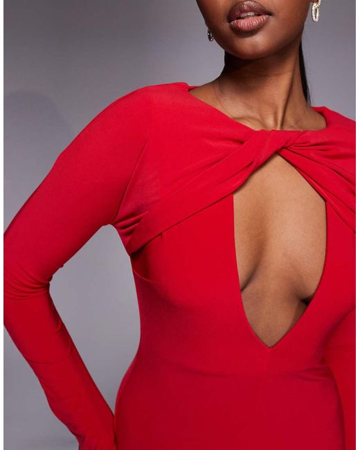 ASOS Red Slinky Twist Detail Plunge Neck Long Sleeve Maxi Dress