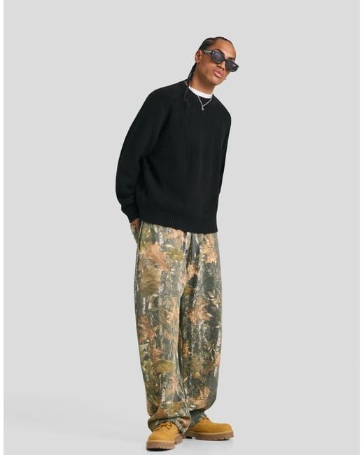 Bershka Green Balloon Fit Leaf-printed Trousers for men