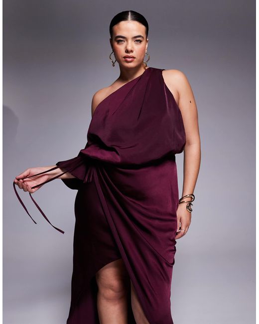 ASOS Purple Asos Design Curve Satin Fallen Shoulder Midi Dress With Wrap Skirt