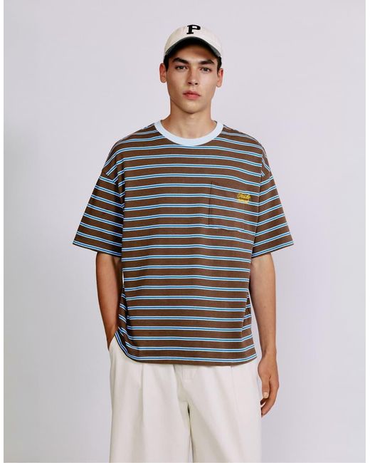 Pull&Bear Gray Striped T-Shirt With Text for men