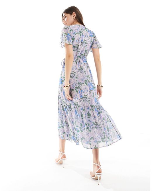 & Other Stories Blue Flutter Sleeve Midi Dress With Tiered Hem